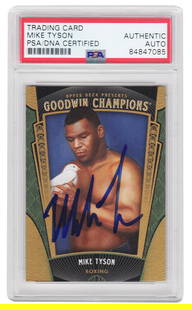 Mike Tyson Signed 2015 UD Goodwin Champions Boxing Card #5 PSA Encapsulated: Mike Tyson Signed 2015 UD Goodwin Champions Boxing Card #5 PSA Encapsulated This is a Mike Tyson signed 2015 Upper Deck Goodwin Champions boxing trading card #5. The card features an authentic signatu