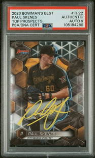 2023 Topps Bowman's Best Paul Skenes #TP22 PSA 9 Autograph MLB Card: 2023 Topps Bowman's Best Paul Skenes #TP22 PSA 9 Autograph MLB Card This graded 2023 Topps Bowman's Best Paul Skenes #TP22 baseball card is a must-have for collectors and fans alike. The card features