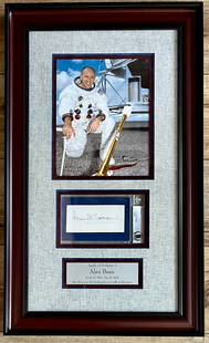 Alan Bean Signed Custom Framed Display 26.5" x 16" Beckett Authenticated: Alan Bean Signed Custom Framed Display 26.5" x 16" Beckett Authenticated This custom framed display features the authentic signature of Alan Bean, the fourth astronaut to walk on the moon during the A