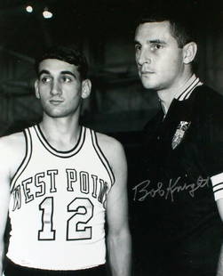 Bob Knight Autographed 16x20 B&W Photo with Coach K JSA Certified: Bob Knight Autographed 16x20 B&W Photo with Coach K JSA Certified This striking 16x20 black and white photo features Bob Knight, a legendary basketball coach, captured in a moment of reflection alongs