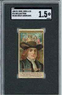 1888 W Duke Sons N76 William Penn Tobacco Card SGC Graded 2: 1888 W Duke Sons N76 William Penn Tobacco Card SGC Graded 2 This 1888 W Duke Sons Co N76 Great Americans tobacco card features the renowned athlete William Penn. The card has been graded by Sportscard
