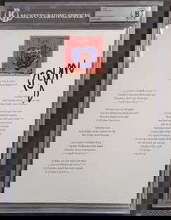 Robert Smith Signed The Cure Friday I'm In Love Lyric Sheet 8.5x11 BAS Authenticated: Robert Smith Signed The Cure Friday I'm In Love Lyric Sheet 8.5x11 BAS Authenticated This original 8.5x11 song lyric sheet features the iconic lyrics from "Friday I'm In Love" by The Cure, signed by R