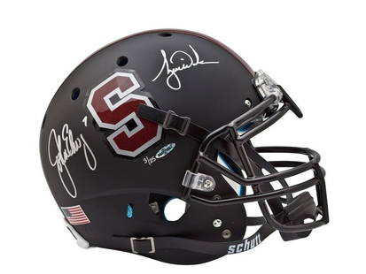 John Elway Tiger Woods Dual Signed Stanford Helmet Limited Edition #/25: John Elway Tiger Woods Dual Signed Stanford Helmet Limited Edition #/25 This authentic Stanford helmet features the dual signatures of sports legends John Elway and Tiger Woods, making it a remarkable
