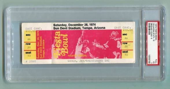 1974 Fiesta Bowl Ticket Oklahoma State vs BYU Cougars PSA 799: 1974 Fiesta Bowl Ticket Oklahoma State vs BYU Cougars PSA 799 This is an original full ticket from the 1974 Fiesta Bowl, featuring the matchup between Oklahoma State and Brigham Young (BYU) Cougars. T