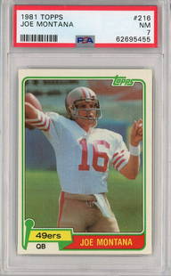 1981 Topps Joe Montana Rookie Football Card PSA 7 San Francisco 49ers: 1981 Topps Joe Montana Rookie Football Card PSA 7 San Francisco 49ers This graded 1981 Topps Joe Montana #216 Rookie RC Football Card is a must-have for any football card collector. Authenticated by P