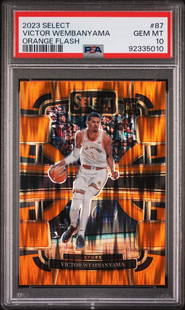 2023 Select Victor Wembanyama #87 Orange Flash RC PSA 10 Basketball Card: 2023 Select Victor Wembanyama #87 Orange Flash RC PSA 10 Basketball Card This graded 2023 Select Victor Wembanyama #87 Orange Flash RC basketball card is a must-have for collectors and fans alike. Aut