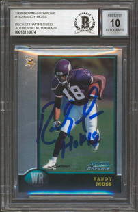 Randy Moss Signed 1998 Bowman Chrome RC Card Auto 10 HOF 18 BAS Slabbed: Randy Moss Signed 1998 Bowman Chrome RC Card Auto 10 HOF 18 BAS Slabbed Celebrate the legacy of Randy Moss with this autographed 1998 Bowman Chrome #182 rookie card, featuring the inscription "HOF 18.