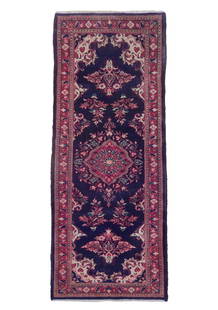 3'10" x 10'4" Navy Blue Semi-Antique Persian Sarouk Area Rug: 3'10" x 10'4" Navy Blue Semi-Antique Persian Sarouk Area Rug Enhance your living space with this exquisite 3' 10" x 10' 4" Navy Blue Semi-Antique Persian Sarouk Runner, meticulously handcrafted by ski