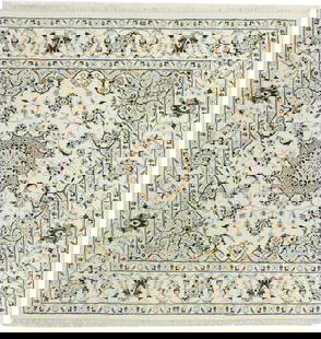 Indo-Nain Floral Medallion Square Rug 4'2 x 4'2 Wool Silk Hand-Knotted: Indo-Nain Floral Medallion Square Rug 4'2 x 4'2 Wool Silk Hand-Knotted Enhance your space with this beautifully crafted Indo-Nain Oriental Square Rug featuring a vintage floral medallion design. Measu