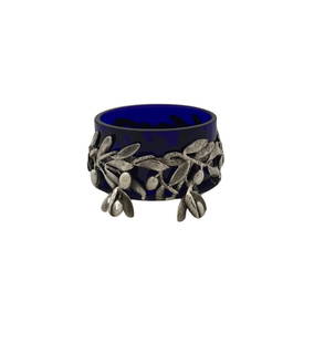 Italian 925 Sterling Silver Olive Leaf Salt Holder with Blue Glass: Italian 925 Sterling Silver Olive Leaf Salt Holder with Blue Glass This exquisite Italian 925 sterling silver single salt holder showcases a beautiful handmade olive leaf design. Crafted from fine ste