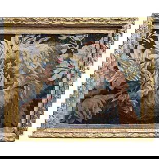 Antique 18th Century Aubusson Tapestry in Giltwood Frame: Antique 18th Century Aubusson Tapestry in Giltwood Frame This exquisite 18th-century French Aubusson tapestry fragment is elegantly framed in a hand-carved giltwood frame, making it a stunning piece o