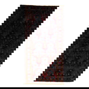 1960s Handmade Persian Shiraz Wool Rug Navy Blue Tribal Design 3'11 x 7'11: 1960s Handmade Persian Shiraz Wool Rug Navy Blue Tribal Design 3'11 x 7'11 This exquisite handmade Persian Shiraz wool rug features a rich navy blue field beautifully accented with red and brown hues