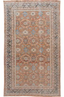 Antique Mahal Hand-Knotted Wool Rug 9'6 x 16 Distressed Floral Design: Antique Mahal Hand-Knotted Wool Rug 9'6 x 16 Distressed Floral Design Discover the charm of this beautiful antique Mahal hand-knotted wool rug, featuring a striking rust field complemented by a blue f