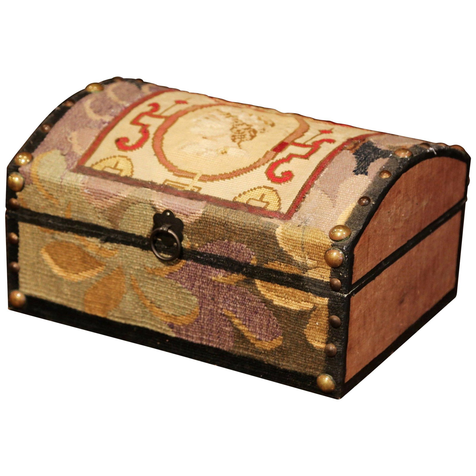 Vintage Bombe Box with 18th Century Needlepoint by Jacques Lamy: Vintage Bombe Box with 18th Century Needlepoint by Jacques Lamy This exquisite decorative bombe box features an 18th-century needlepoint tapestry by renowned French artist Jacques Lamy. Upholstered wi