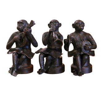 Antique Set of 3 Bronze Musician Monkeys from France 1920: Antique Set of 3 Bronze Musician Monkeys from France 1920 This vintage set of three miniature bronze musician monkeys adds a charming touch to any space. Crafted in France circa 1920, each monkey is s