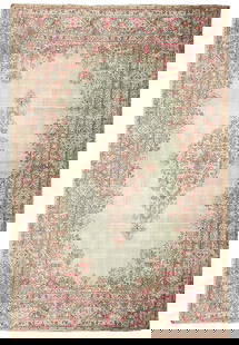 Vintage Persian Kerman Rug 11.1 x 18.11 ft Light Green Pink Hand-Knotted: Vintage Persian Kerman Rug 11.1 x 18.11 ft Light Green Pink Hand-Knotted Discover the exquisite beauty of this vintage Persian Kerman rug, measuring 11.1 x 18.11 ft (133 x 227 in). This stunning area