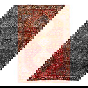Handmade Vintage Persian Wool Rug Tribal Design Red 5'8 x 8'5: Handmade Vintage Persian Wool Rug Tribal Design Red 5'8 x 8'5 This beautiful handmade wool rug features a red field with navy blue and orange in a tribal design. This rug measures 5'8'' x 8'5''. Depth