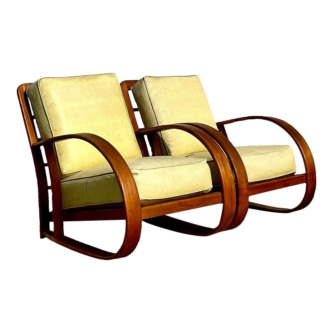Pair of Vintage Bent Wood Lounge Chairs Inspired by Gilbert Rohde: Pair of Vintage Bent Wood Lounge Chairs Inspired by Gilbert Rohde Elevate your living space with this stunning pair of Vintage Mid-Century Modern Bent Wood Lounge Chairs, inspired by the iconic design