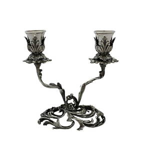 Italian 925 Sterling Silver 2-Light Candelabra with Leaf Applique: Italian 925 Sterling Silver 2-Light Candelabra with Leaf Applique This exquisite 2-light candelabra is crafted from fine 925 sterling silver and showcases ornate handmade leaf applique designs. Made i