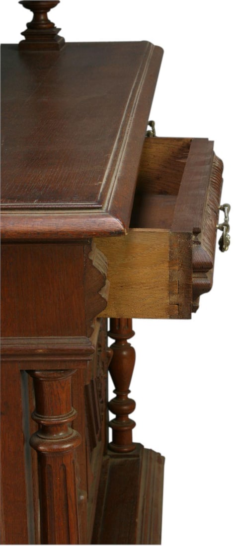 Renaissance Revival Solid Oak Buffet Hutch French Antique 1920: Renaissance Revival Solid Oak Buffet Hutch French Antique 1920 This elegant antique buffet hutch from France showcases the exquisite craftsmanship of the Renaissance Revival style. Constructed from so