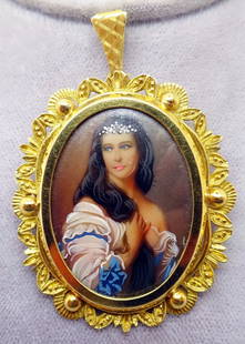 Vintage 18k Gold Hand Painted Cameo Pin with Diamonds: Vintage 18k Gold Hand Painted Cameo Pin with Diamonds This exquisite 18k hand painted portrait pin/pendant showcases a stunning oval portrait inspired by the artwork of Franz Winterhalter featuring Ma