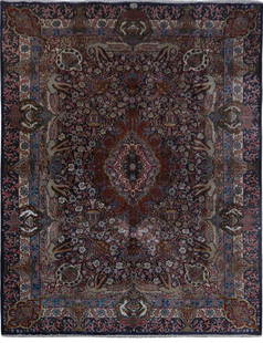 9'10" x 16'1" Navy Blue Persian Signed Kashmar Area Rug: 9'10" x 16'1" Navy Blue Persian Signed Kashmar Area Rug Introducing a stunning 9' 10" x 16' 1" Navy Blue Persian Signed Kashmar Rug. Handcrafted by skilled Persian artisans, this exquisite area rug fe