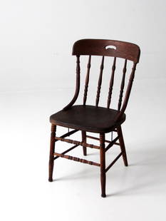 Antique Wood Pub Style Dining Chair with Spindle Back 33.75" Height: Antique Wood Pub Style Dining Chair with Spindle Back 33.75" Height This antique spindle back dining chair features a classic pub style design with elegantly turned splay legs and a handle opening on