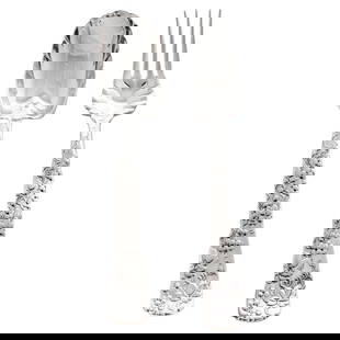 Tiffany & Co Sterling Silver Spoon Fork Set Vine Pattern 1880s: Tiffany & Co Sterling Silver Spoon Fork Set Vine Pattern 1880s This exquisite set features a sterling silver spoon and fork by the prestigious Tiffany & Co., designed in the elegant "Vine" or "Fruits