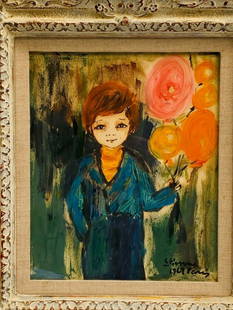 Etienne Ret 1969 Gouache Painting Boy with Balloons from Nancy Sinatra Estate: Etienne Ret 1969 Gouache Painting Boy with Balloons from Nancy Sinatra Estate Discover a stunning original gouache on paper painting from 1969, created by the renowned French artist Etienne Ret (1900-