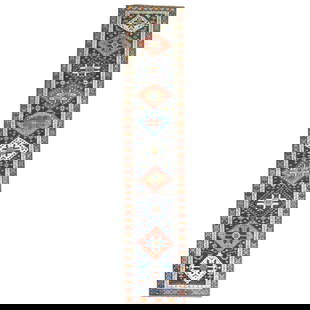 Vintage Persian Kurd Hand-Knotted Wool Runner 37 x 188 Inches: Vintage Persian Kurd Hand-Knotted Wool Runner 37 x 188 Inches This exquisite early 20th century Persian Kurd runner features a striking geometric design against a rich navy background. Hand-knotted fr