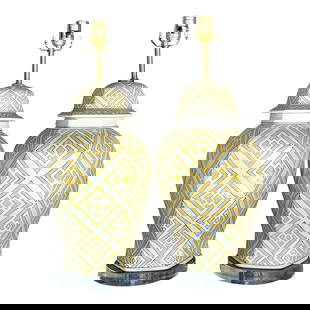 Pair of Vintage Regency Ginger Jar Lamps in Light Yellow: Pair of Vintage Regency Ginger Jar Lamps in Light Yellow Elevate your home decor with this exquisite pair of Vintage Regency Ginger Jar Lamps. These lamps showcase a classic design adorned with intric