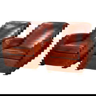 Set of 2 Early 20th Century French Art Deco Leather Club Armchairs: Set of 2 Early 20th Century French Art Deco Leather Club Armchairs This pair of early 20th century French Art Deco club armchairs showcases timeless elegance and craftsmanship from circa 1920. Upholst
