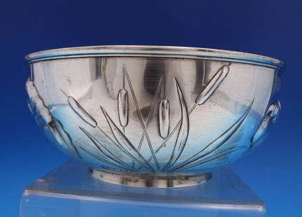 Dominick & Haff Pond Pattern Sterling Silver Oyster Bowl: Dominick & Haff Pond Pattern Sterling Silver Oyster Bowl This exquisite oyster bowl from the "Pond" pattern by Dominick & Haff showcases intricate designs featuring a spider, cattails, a large bug, an