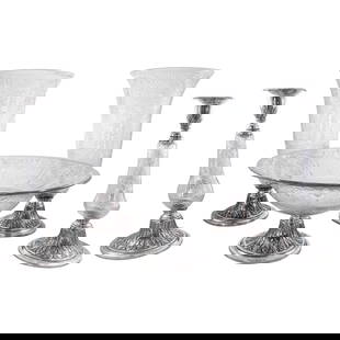 1929 Five Piece Sterling Silver & Crystal Set by Gorham: 1929 Five Piece Sterling Silver & Crystal Set by Gorham This stunning Five Piece Sterling and Crystal Suite features a remarkable combination of craftsmanship and artistry from the 1920s. The suite in