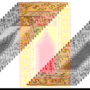 Vibrant Antique Turkish Oushak Prayer Rug 43 x 66 Islamic Wool Circa 1920: Vibrant Antique Turkish Oushak Prayer Rug 43 x 66 Islamic Wool Circa 1920 This vibrant and colorful antique Turkish Oushak prayer rug dates back to the early 20th century, crafted circa 1920. With a s