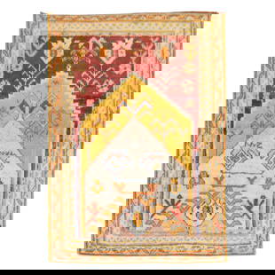 Vibrant 1920s Turkish Oushak Prayer Rug Wool Islamic Design 39 x 56: Vibrant 1920s Turkish Oushak Prayer Rug Wool Islamic Design 39 x 56 This colorful antique Turkish Oushak prayer rug showcases exquisite craftsmanship from the early 20th century. Manufactured circa 19