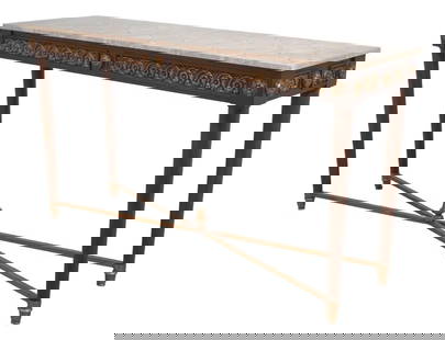 Elegant French Louis XVI Inlaid Marble Top Console Table: Elegant French Louis XVI Inlaid Marble Top Console Table This exquisite French Louis XVI style console table showcases a stunning inlaid marble top featuring a geometric pattern, complemented by a bea