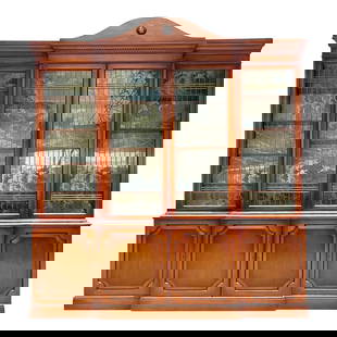 Monumental Vintage Boho Biedermeier Breakfront 85 x 90.5 Chocolate Wood Glass: Monumental Vintage Boho Biedermeier Breakfront 85 x 90.5 Chocolate Wood Glass This vintage Boho Biedermeier style breakfront showcases a stunning design featuring Greek Key molding and leaded mullion
