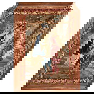 18th Century French Aubusson Tapestry with Oak Frame: 18th Century French Aubusson Tapestry with Oak Frame This exquisite 18th Century French Aubusson panel tapestry showcases the artistry of late 18th-century craftsmanship, created circa 1780. Set withi