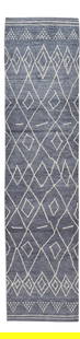 Handmade Blue Wool Moroccan Runner 3' x 12'10' Geometric Design: Handmade Blue Wool Moroccan Runner 3' x 12'10' Geometric Design Enhance your space with this stunning Modern Moroccan Style Handmade Blue Wool Runner. This exquisite hand-knotted rug features a rich n
