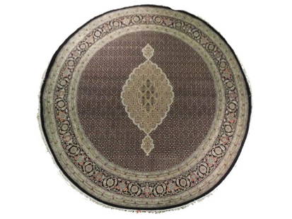 8 x 8 Handwoven Brown Wool Silk Tabriz Mahi Area Rug: 8 x 8 Handwoven Brown Wool Silk Tabriz Mahi Area Rug Introducing the exquisite 8 x 8 Brown Wool and Silk Tabriz Mahi Rug, a stunning piece that beautifully marries traditional Persian weaving with lux