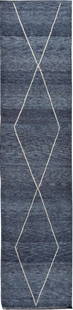 Contemporary Moroccan Style Wool Runner Rug 3'2 x 14' Blue: Contemporary Moroccan Style Wool Runner Rug 3'2 x 14' Blue This exquisite contemporary Moroccan style runner rug features a hand-knotted wool construction with a striking blue field and ivory accents,