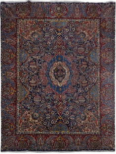 Exquisite 9'10" x 12'10" Navy Blue Handmade Persian Kashmar Rug: Exquisite 9'10" x 12'10" Navy Blue Handmade Persian Kashmar Rug Elevate your living space with this exquisite 9' 10" x 12' 10" Navy Blue Handmade Persian Signed Kashmar Rug, meticulously crafted by sk