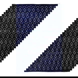 Modern Navy Blue Handmade Wool Rug with Diamond Trellis Design 9'6 x 14'5: Modern Navy Blue Handmade Wool Rug with Diamond Trellis Design 9'6 x 14'5 Discover the elegance of this Turkish handmade wool rug featuring a modern navy-blue distressed look. Adorned with striking wh
