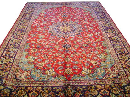 8.1 x 12.3 Handmade Persian Esfahan Najaf Rug Red Blue Tabriz: 8.1 x 12.3 Handmade Persian Esfahan Najaf Rug Red Blue Tabriz Brighten up your home with this stunning 8.1 x 12.3 Estate Rug Red Blue Persian Esfahan Najaf Carpet. This exquisite piece of Persian arti