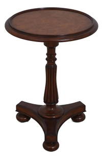 Elegant Woodbridge Burl Walnut Pedestal Side Table with Fluted Base: Elegant Woodbridge Burl Walnut Pedestal Side Table with Fluted Base Enhance your living space with this elegant Woodbridge Burl Walnut Pedestal Side Table, featuring a light factory distressed finish