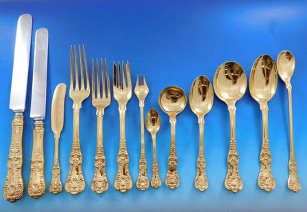Tiffany & Co English King Vermeil Sterling Silver Flatware Set 256 Pieces Service for 12: Tiffany & Co English King Vermeil Sterling Silver Flatware Set 256 Pieces Service for 12 Enhance your dining experience with this exquisite English King flatware set by Tiffany & Co. Crafted from ster