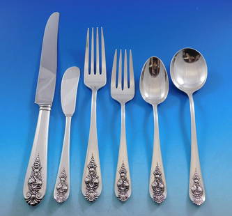 Lunt Pendant of Fruit Sterling Silver Flatware Set for 12 - 84 Pieces: Lunt Pendant of Fruit Sterling Silver Flatware Set for 12 - 84 Pieces Discover the elegance of this Lunt Sterling Silver Flatware Set, featuring the 'Pendant of Fruit' pattern, crafted circa 1939. Thi