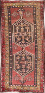 Vintage Hamadan Handmade Wool Rug 3'5 x 7'2 Red Multi-Medallion Design: Vintage Hamadan Handmade Wool Rug 3'5 x 7'2 Red Multi-Medallion Design Discover the charm of this beautiful Vintage Hamadan Handmade Wool Rug featuring a striking red field adorned with multi-color ac