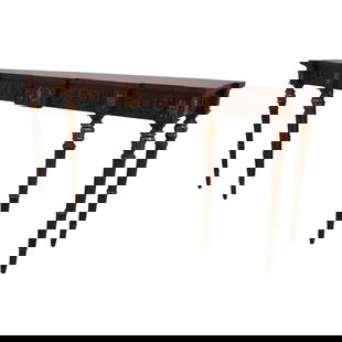 Karges Louis XVI Walnut Console Table with Gold Highlights: Karges Louis XVI Walnut Console Table with Gold Highlights This stunning French Louis XVI style console table showcases exquisite walnut craftsmanship, featuring fine carved details and elegant gold h